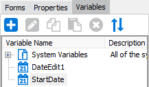 The variables tab showing the two new date objects.